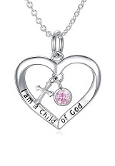 teensy silver engraved cross baby October birthstone necklace